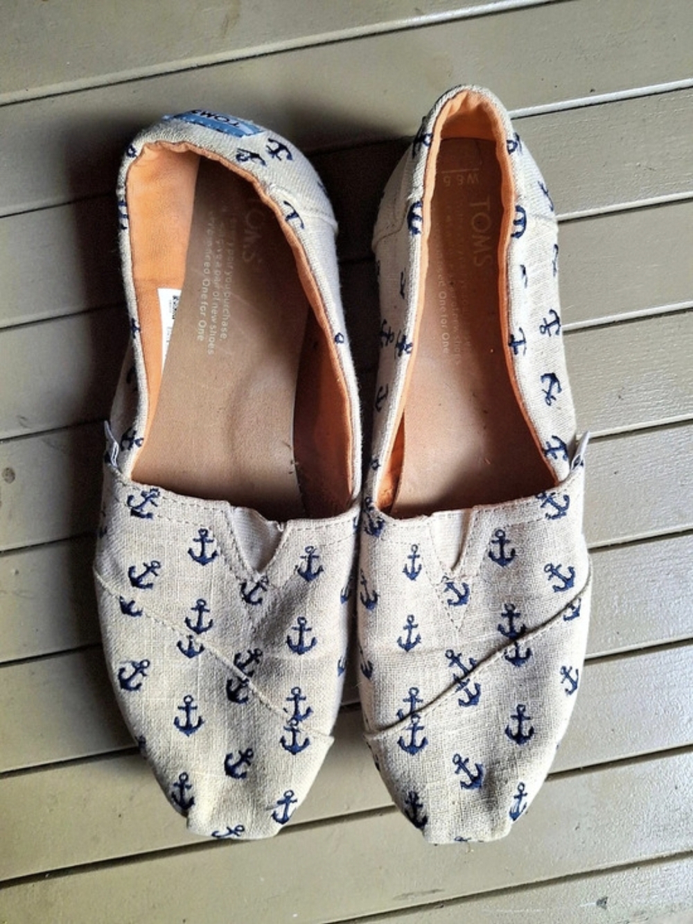 TOMS Anchor Print Canvas Classics Slip-On Flats White & Blue US 8.5